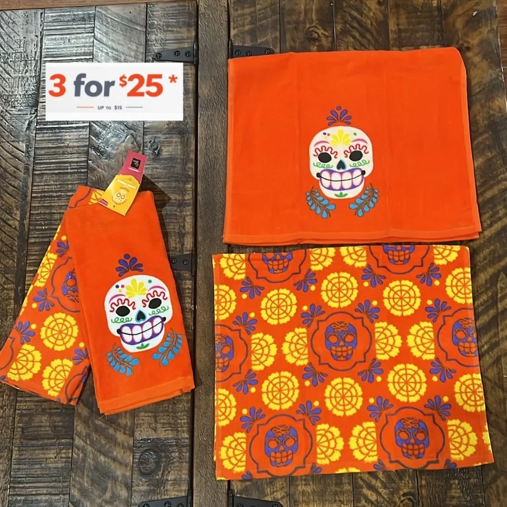 Halloween Orange Sugar Skull Kitchen Towels set